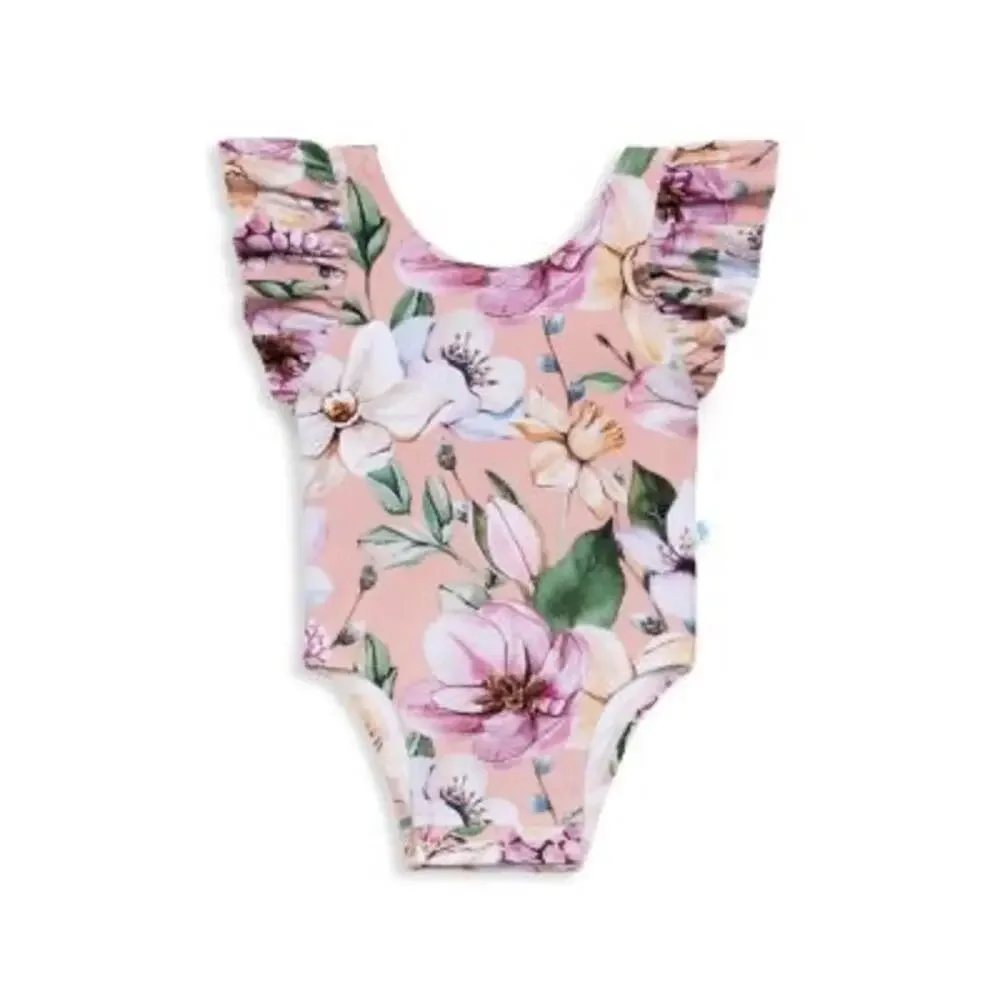 Posh Peanut Pink Floral Print Margot Ruffle One Piece Swimsuit - 12 to 18 Months